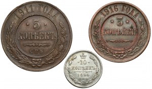 Rosja, Mikołaj II, 3-10 kopiejek 1894-1916, zestaw (3szt)