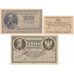 Zestaw marek polskich 1919, w tym 1.000 mkp ze stemplem Bez wartości (3szt)