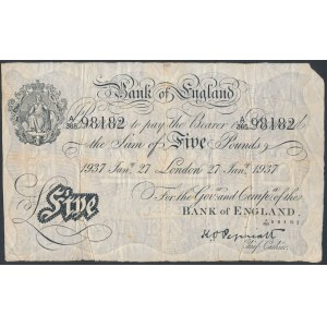 Wielka Brytania, Bank of England, 5 Pounds 1937- oryginalna emisja Banku Anglii