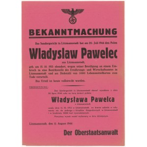 II wojna, Łódź 1944 - obwieszczenie o wyroku śmierci za włamanie i kradzież