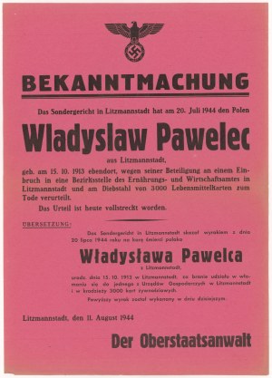 Getto Łódź, 1944 - obwieszczenie o wyroku śmierci za włamanie i kradzież