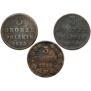 3 grosze 1833-1838, w tym rzadkie 1834 KG (3szt)