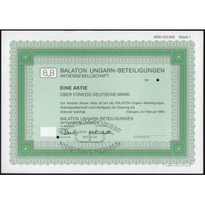 Niemcy, Balaton Ungarn-Beteiligungen, SPECIMEN Akcji 50 DM 1990