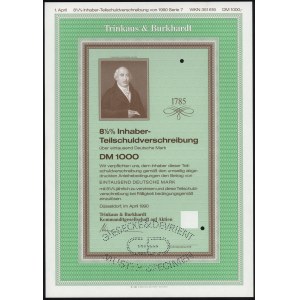 Niemcy, Trinkaus & Burkhardt, SPECIMEN Obligacji 1.000 DM 1990