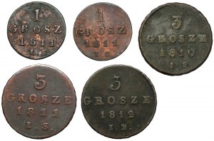 Księstwo Warszawskie, 1 i 3 grosze 1810-1812, zestaw (5szt)