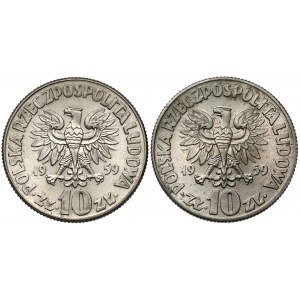 10 złotych 1959 Kopernik - obrzeże NIE fazowane, zestaw (2szt)