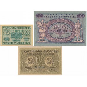 Ukraina, 2 i 100 hrywien i 250 karbowańców 1918 (3szt)
