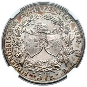 Switzerland, 5 Francs 1869, Zug, Shooting Festival