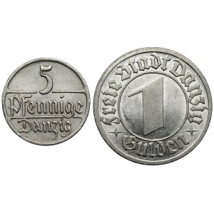 Gdańsk, 5 fenigów 1928 i gulden 1932, zestaw (2szt)