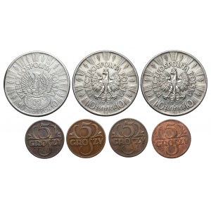 5 groszy i Piłsudski 10 złotych 1934-1939 (7szt)