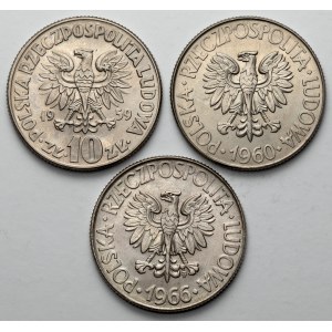10 złotych 1959-1966 Kopiernik, Kościuszko, zestaw (3szt)