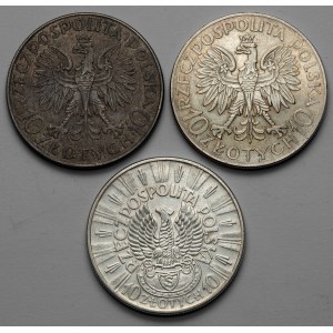 10 złotych 1933-1934, Sobieski, Traugutt i Piłsudski, zestaw (3szt)