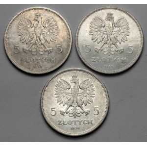 5 złotych 1928-1930 Nike i Sztandar, zestaw (3szt)