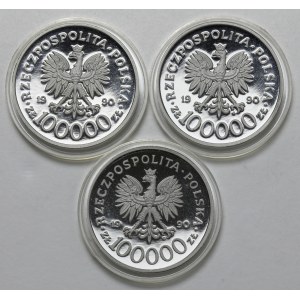 100.000 złotych 1990 Solidarność (gruba), zestaw (3szt)