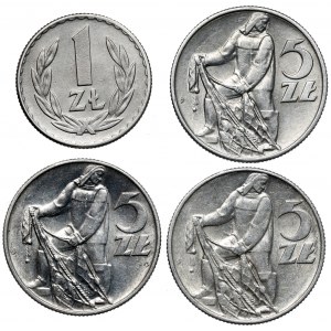 1 i 5 złotych 1958-1974 Rybak (4szt)