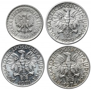 1 i 5 złotych 1958-1974 Rybak (4szt)