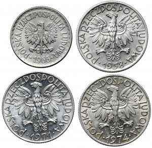 1 i 5 złotych 1958-1974 Rybak (4szt)
