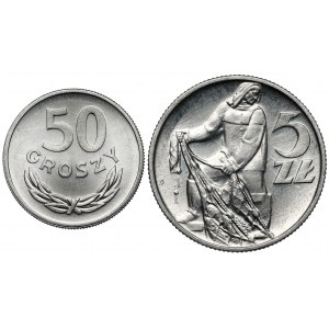 50 groszy 1949 Al i 5 złotych 1959 Rybak (2szt)