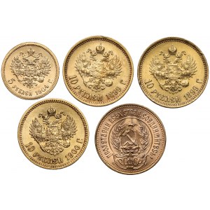 ZŁOTE monety Rosja i ZSRR, 5-10 rubli 1899-1976, zestaw (5szt)
