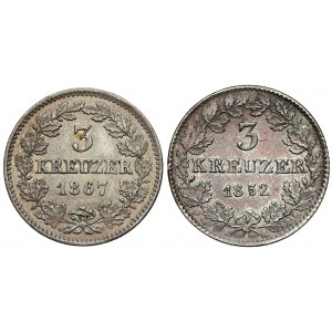 Niemcy, Hesja i Frankfurt, 3 krajcary 1852-1867, zestaw (2szt)