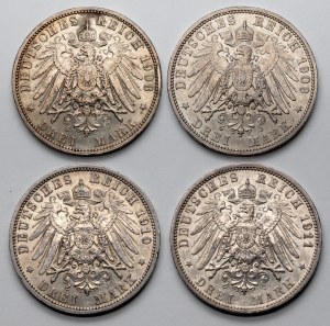 Niemcy, 3 marki 1908-1911, zestaw (4szt)