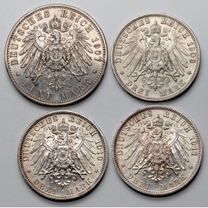 Niemcy, 3 i 5 marki 1907-1911, zestaw (4szt)
