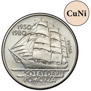 Próba MIEDZIONIKIEL 20 złotych 1980 Dar Pomorza - napis w linii