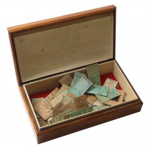 Set of train tickets and etc. in a wooden box