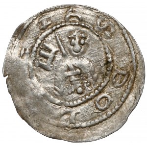 Boleslaw IV the Curly, Denarius - Three behind the table - letter E