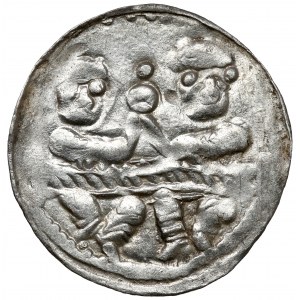 Boleslaw IV the Curly, Denarius - Two behind the table - * and +.