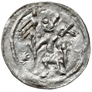 Boleslaw IV the Curly, Denarius - Two behind the table - * and +.