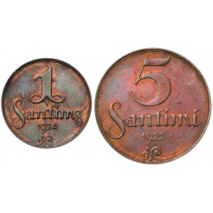 Latvia, 1 santims 1924 and 5 santimi 1922, lot (2pcs)