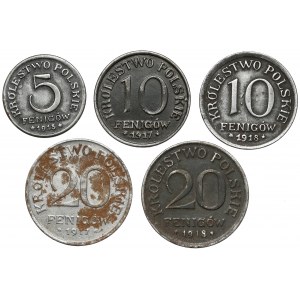 Königreich Polen, 5, 10 und 20 Pfennige 1917-1918 (5 St.)