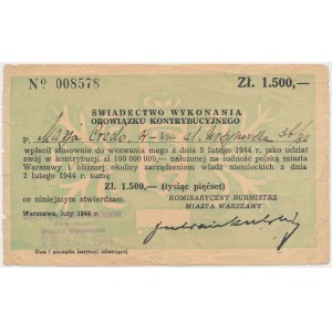 Świadectwo Kontrybucji 1.500 złotych 1944