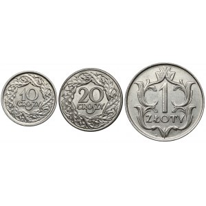 10, 20 pennies and 1 zloty 1923-1929, set (3pcs)