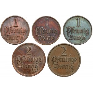 Danzig, 1 and 2 fenigs 1923-1937, set (5pcs)