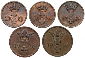 Danzig, 1 and 2 fenigs 1923-1937, set (5pcs)