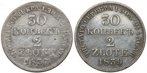 30 kopiejek = 2 złote 1837-1839 MW, Warszawa, zestaw (2szt)