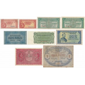 Czechosłowacja, zestaw banknotów MIX + Czarnogóra, 1 Perper 1914 (9szt)