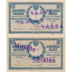 Finlandia, 2x 5 Markkaa 1909 ze stemplami VÄÄRÄ / Mitätön (2szt)