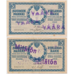 Finnland, 2x 5 Markkaa 1909 mit Briefmarken VÄÄRÄ / Mitätön (2Stück)