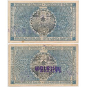 Finnland, 2x 5 Markkaa 1909 mit Briefmarken VÄÄRÄ / Mitätön (2Stück)