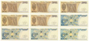 500 i 1.000 złotych 1982 - MIX serii - zestaw (9szt)