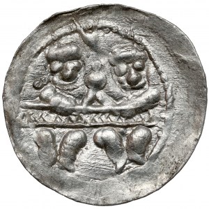 Boleslaw IV the Curly, Denarius - Two behind the table - * and +.
