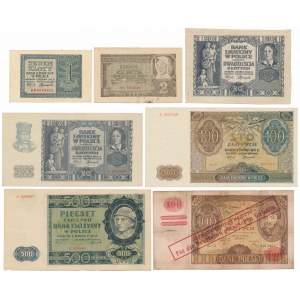 Occupation banknotes including 100 zloty 1934 with FALSE reprint of GG (7pcs)