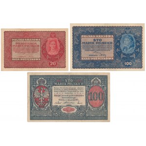 General 100 mkp 1916, 20 und 100 mkp 08.1919 - Satz (3 Stück)