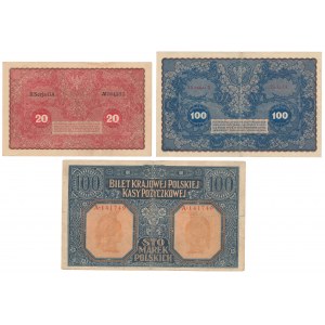 General 100 mkp 1916, 20 und 100 mkp 08.1919 - Satz (3 Stück)