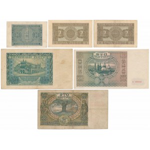 Banknoty okupacji w tym 100 zł 1932 z FAŁSZYWYM przedrukiem GG (6szt)