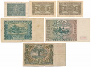 Banknoty okupacji w tym 100 zł 1932 z FAŁSZYWYM przedrukiem GG (6szt)