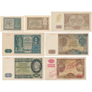 Banknotes of the occupation including 100 zlotys with a FALSE reprint of GG (7pcs)